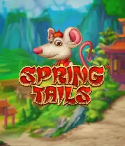 An enchanting illustration of a white rat dressed in traditional Chinese attire positioned in front of a vibrant landscape with mountains. The image is for the Spring Tails game by Betsoft, showcased with striking gold and red logo lettering.